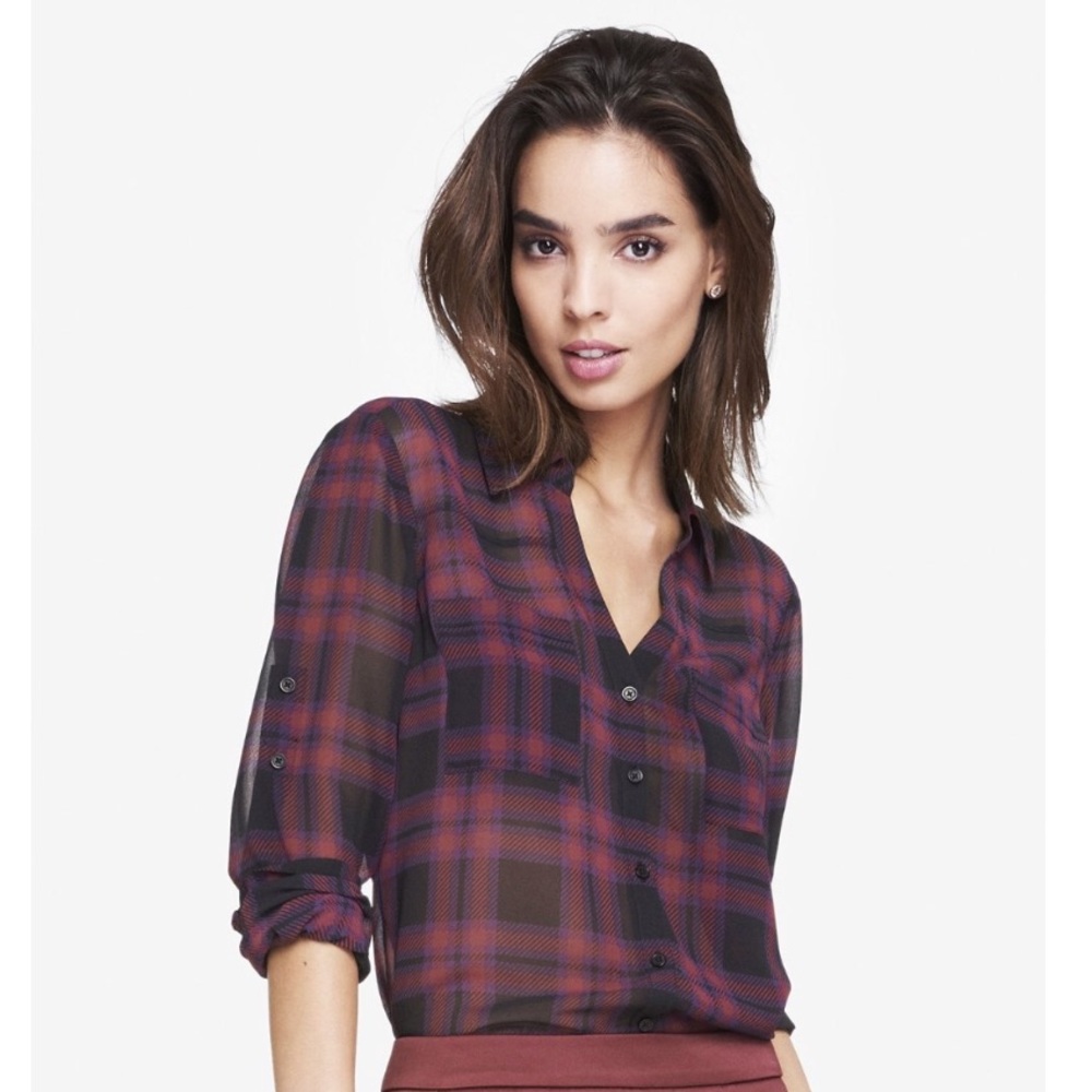Express sheer purple plaid Portofino blouse